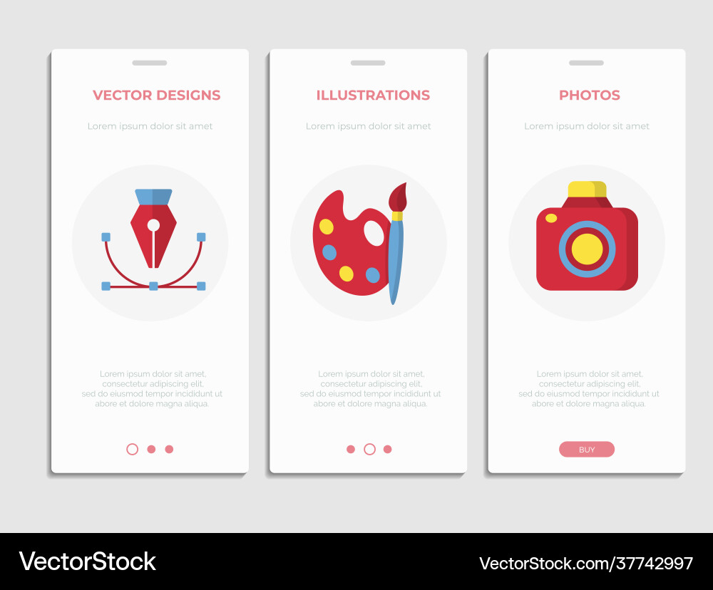 Design photo onboard screen mobile app set Design photo onboard screen mobile app set Vector Image