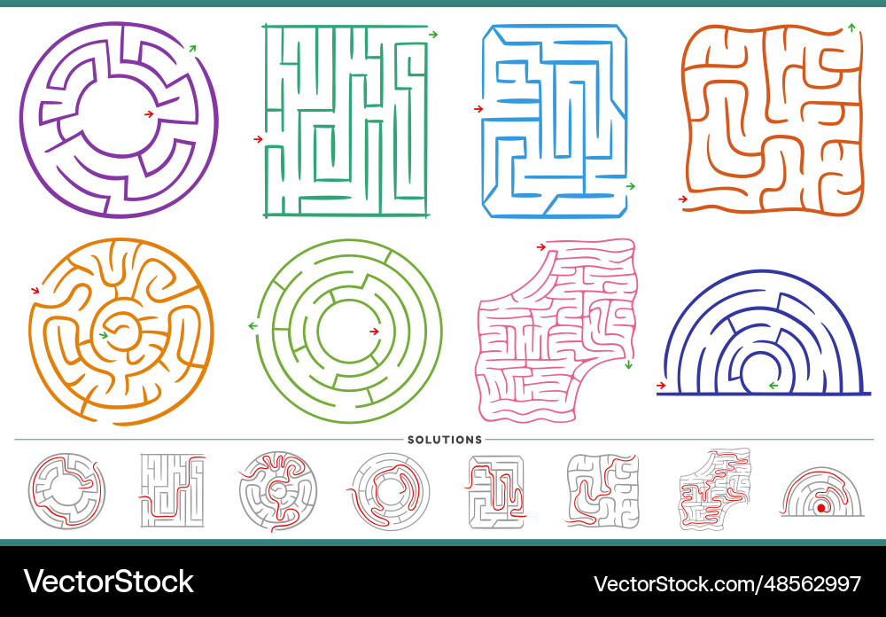 Maze puzzle activities graphs set with solutions vector image