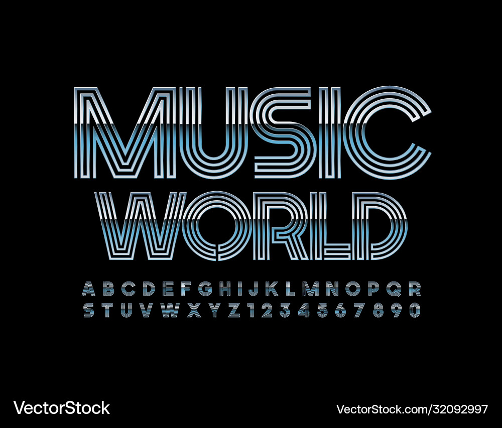 Metallic poster music world silver font Metallic poster music world silver font Vector Image