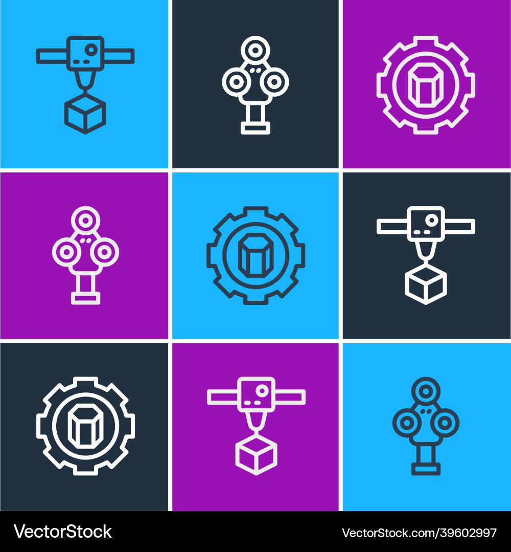 Set line 3d printer cube setting and scanner icon Set line 3d printer cube setting and scanner icon vector image