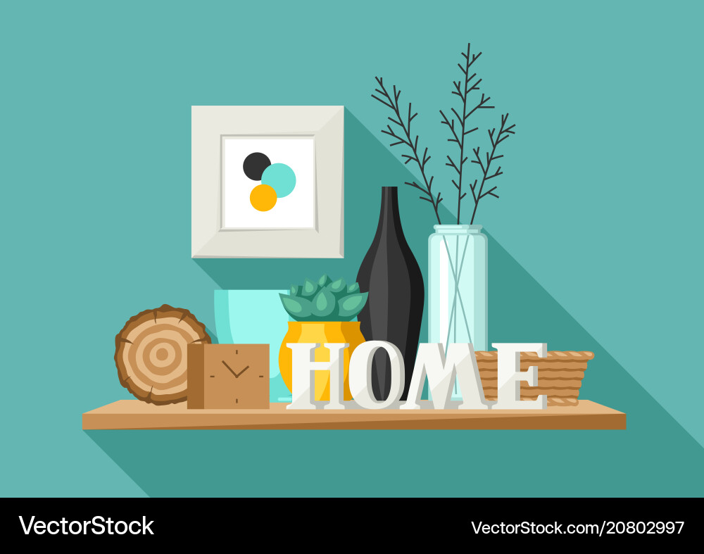 Shelf with home decor vase picture and plant Shelf with home decor vase picture and plant vector image