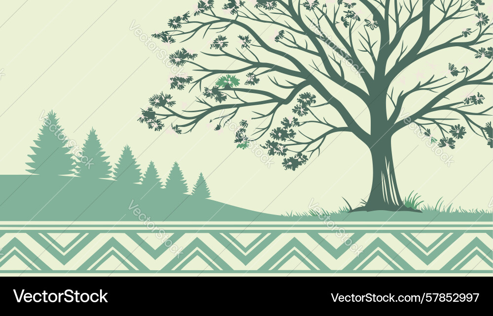 Tree in forest landscape with geometric border Vector Image