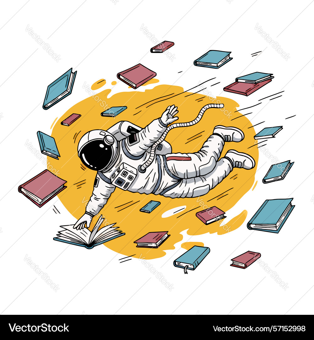 Astronaut surrounded by floating books in space Vector Image