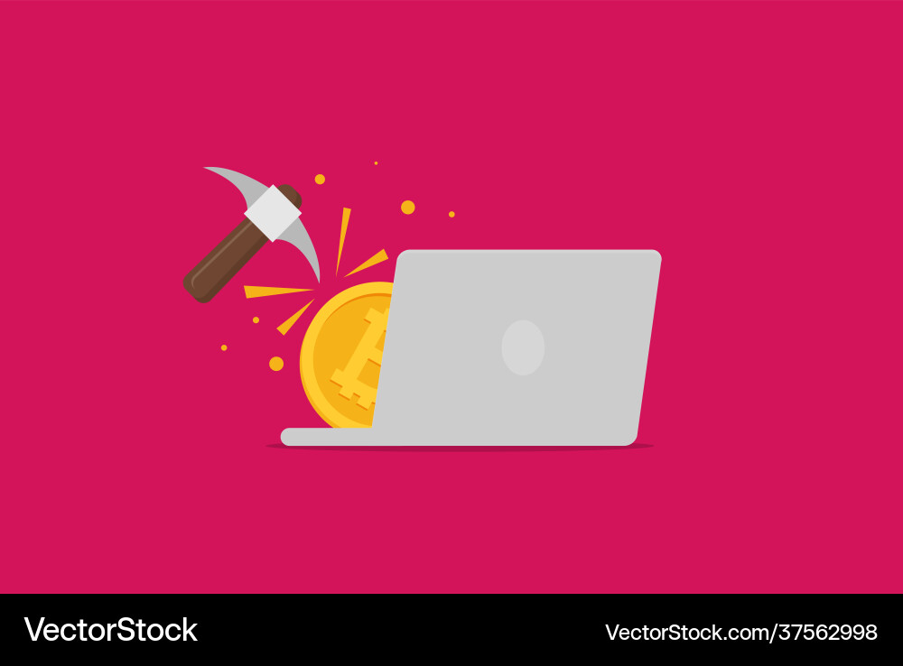 Bitcoin mining concept with pickaxe and coin flat vector image