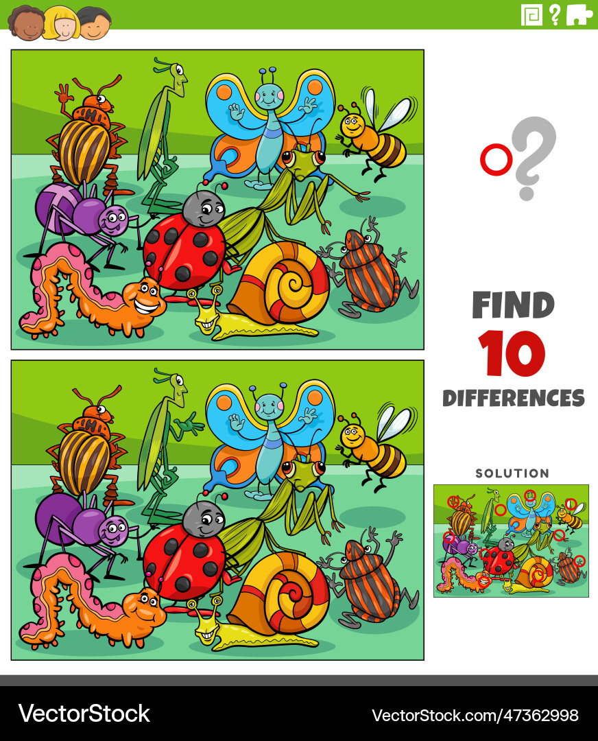 Differences game with cartoon insects characters Differences game with cartoon insects characters Vector Image