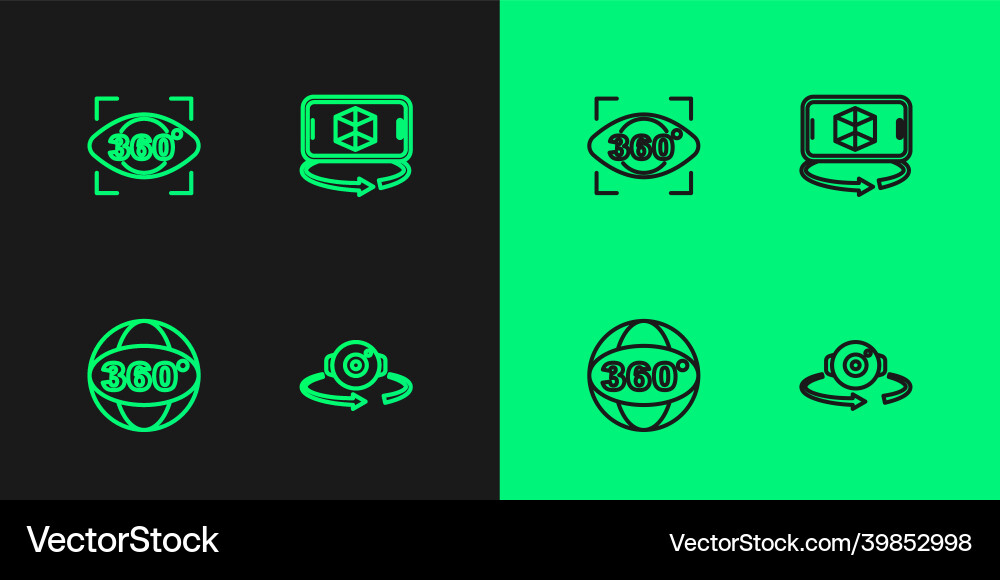Set line 360 degree view and 3d modeling icon Set line 360 degree view and 3d modeling icon vector image