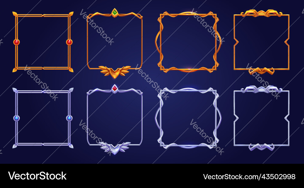 Set of square gold and silver ui game frames Set of square gold and silver ui game frames vector image