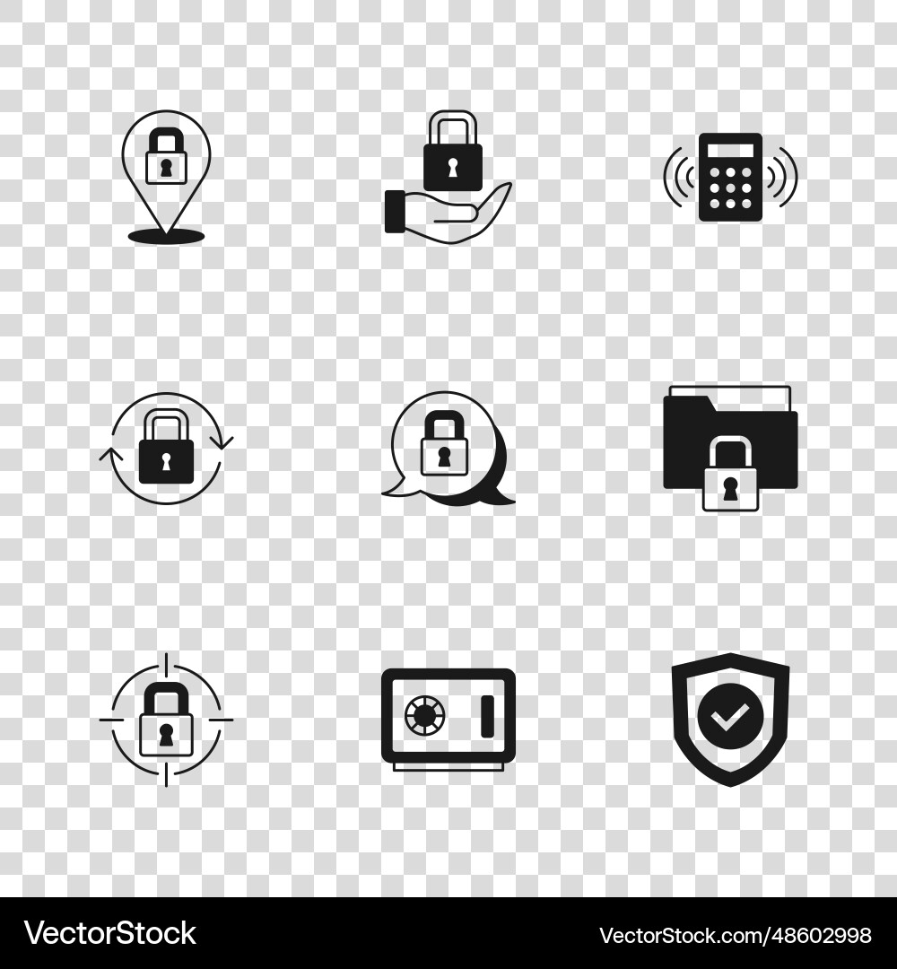 Set safe folder and lock shield with check mark Set safe folder and lock shield with check mark vector image