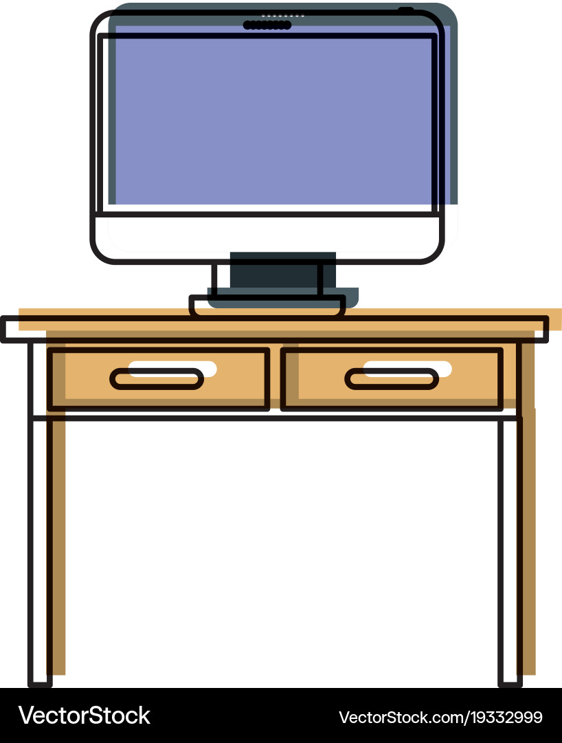 Desk table with drawers and desktop computer above Vector Image
