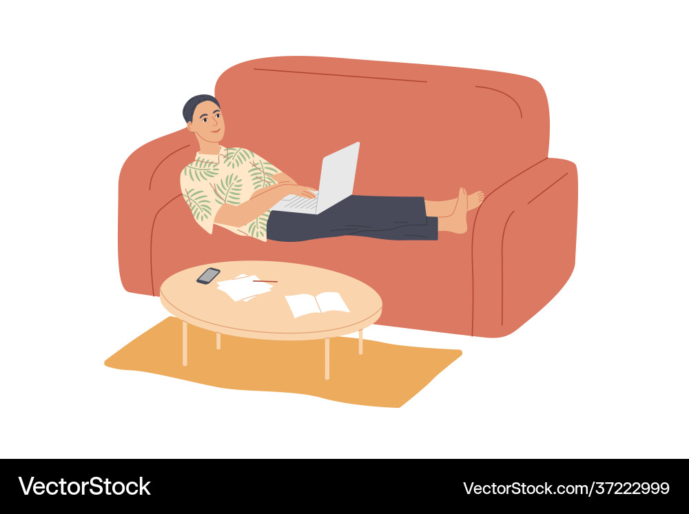 Man lying on sofa with laptop Man lying on sofa with laptop Vector Image