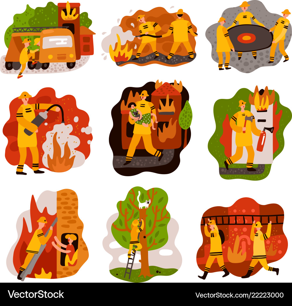 Fire fighting flat compositions set Royalty Free Vector