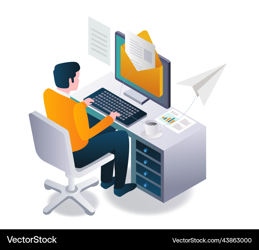 Man is sending email safely and work in desk Man is sending email safely and work in desk vector image