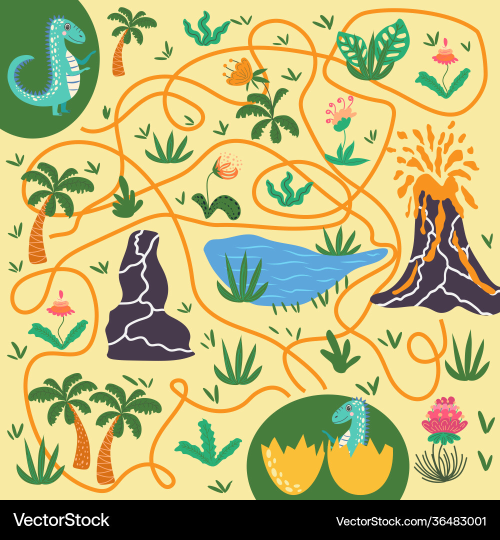 Help dinosaur find path to nest labyrinth maze Help dinosaur find path to nest labyrinth maze Vector Image