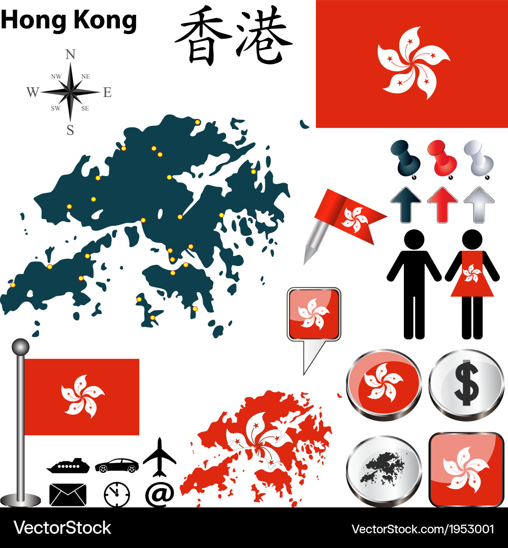 Hong Kong Map with Flags and Icons vector image