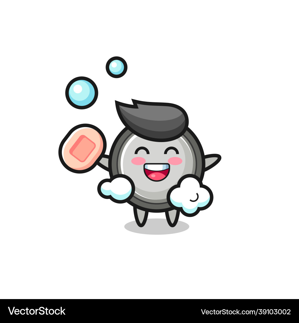 Button cell character is bathing while holding Vector Image