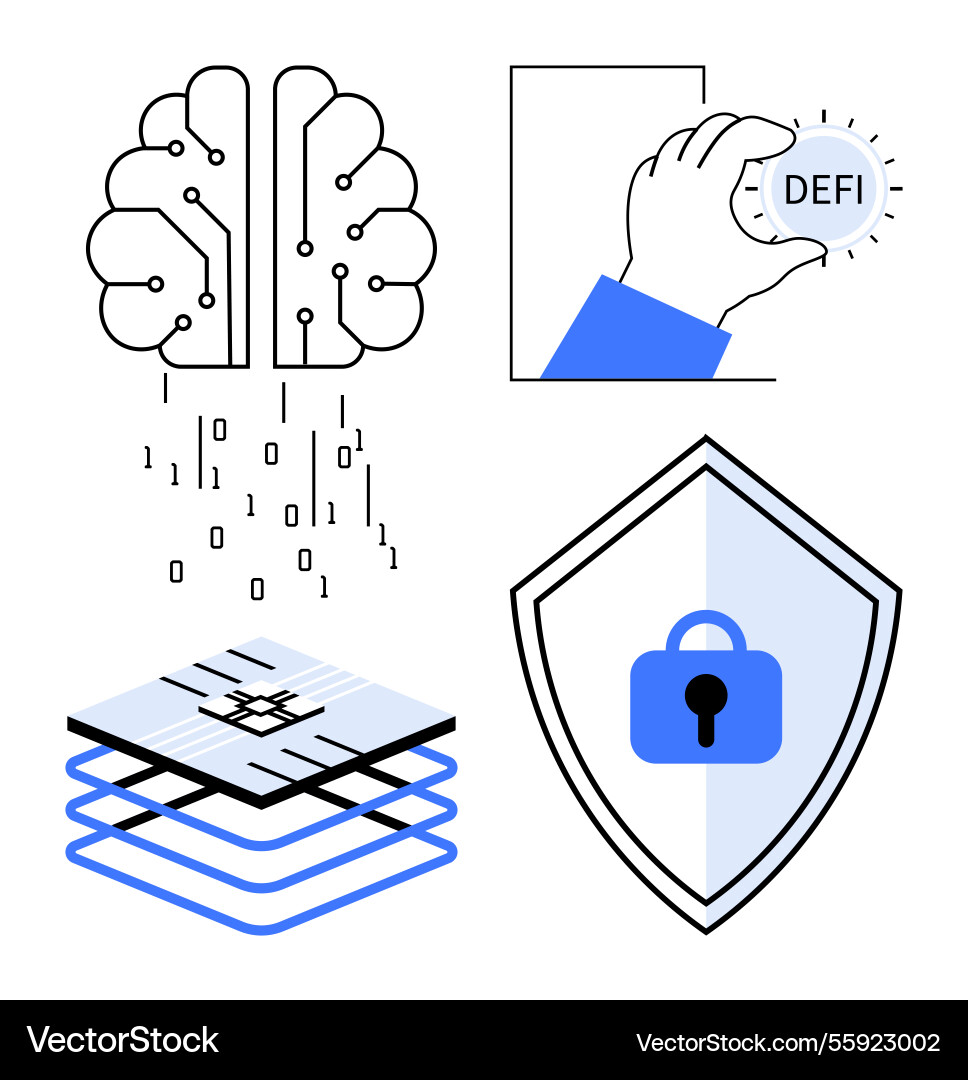 Digital brain with circuitry defi button data Digital brain with circuitry defi button data vector image