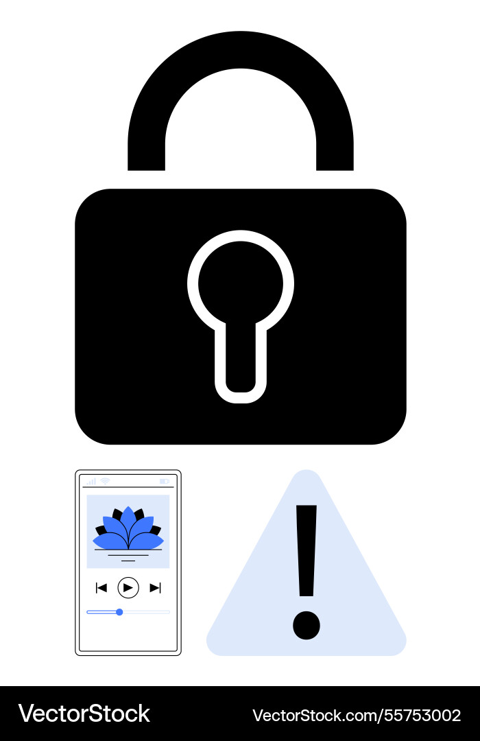 Lock with security warning and smartphone media Lock with security warning and smartphone media vector image