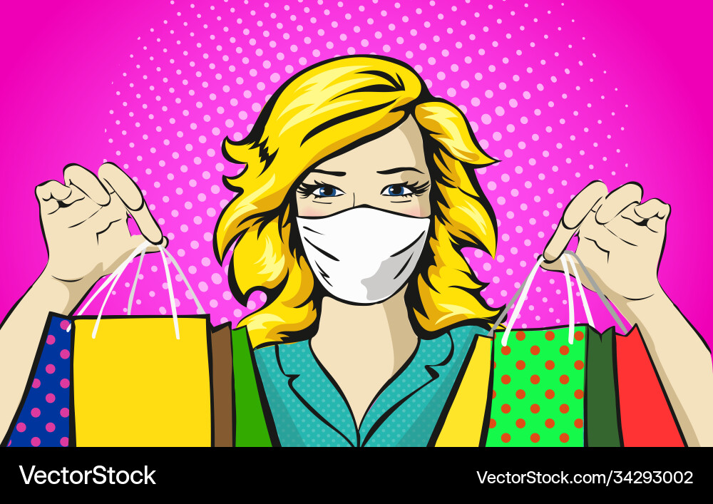 Woman with medical mask shopping concept pop art Woman with medical mask shopping concept pop art vector image