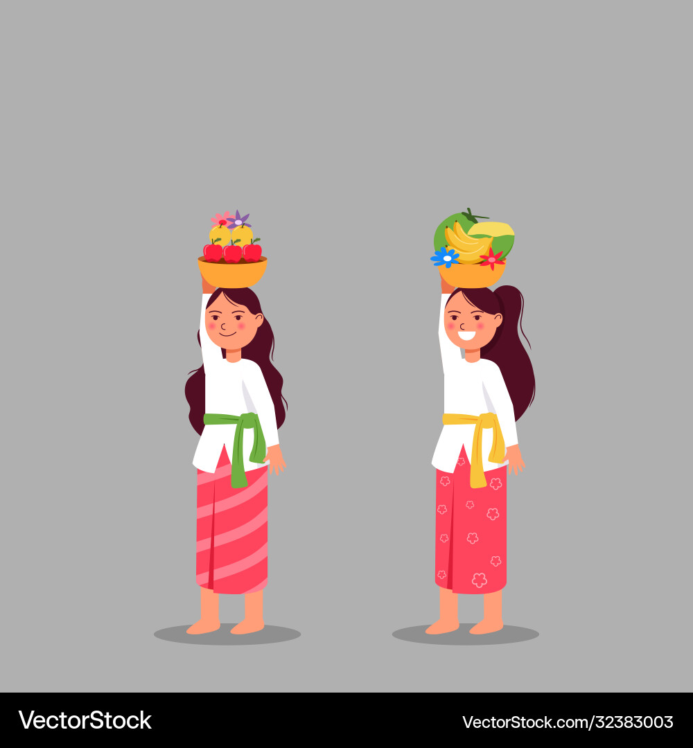 Cute balinese girl bring fruit offerings for rite Cute balinese girl bring fruit offerings for rite vector image