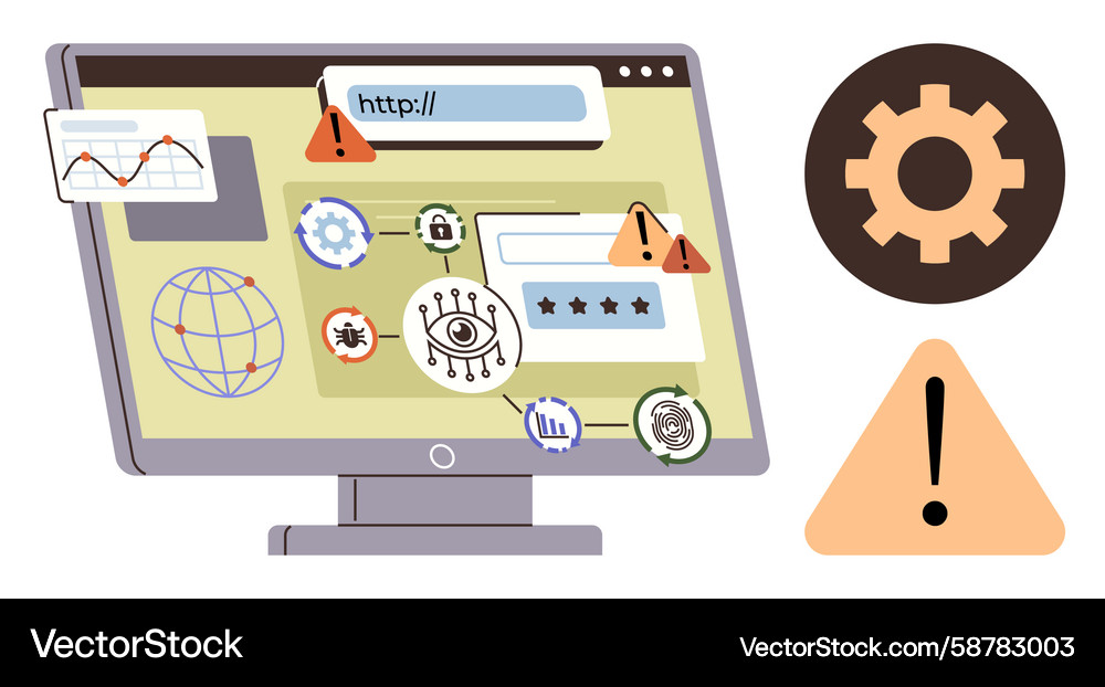 Cybersecurity threats with alerts on computer Cybersecurity threats with alerts on computer Vector Image