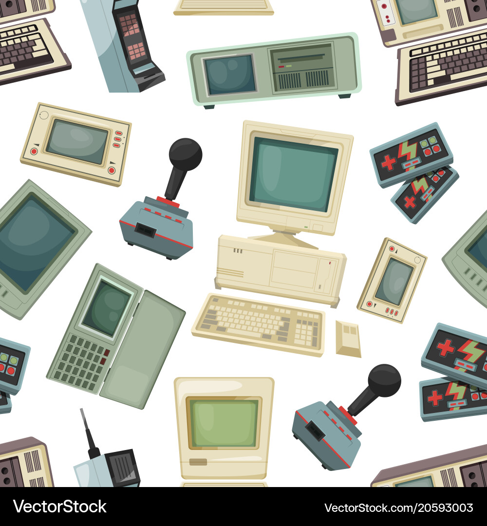 Seamless pattern with different vintage computers vector image