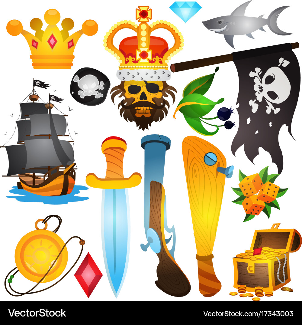 Set with pirate attributes various items medieval Vector Image