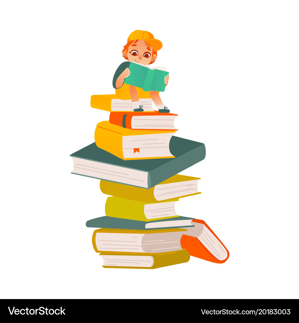 Smiling Boy Reading Stack of Books vector image