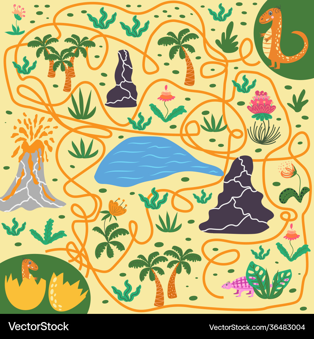 Help dinosaur find path to nest labyrinth maze Help dinosaur find path to nest labyrinth maze Vector Image