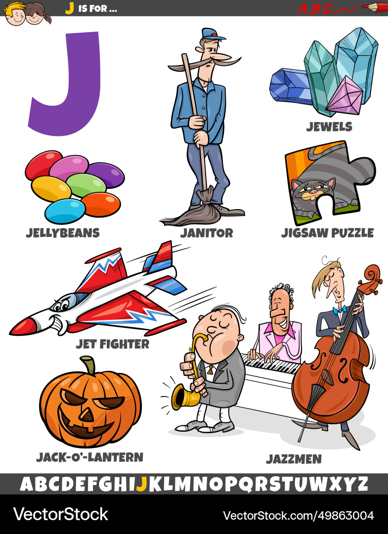 Letter j set with cartoon objects and characters Letter j set with cartoon objects and characters vector image