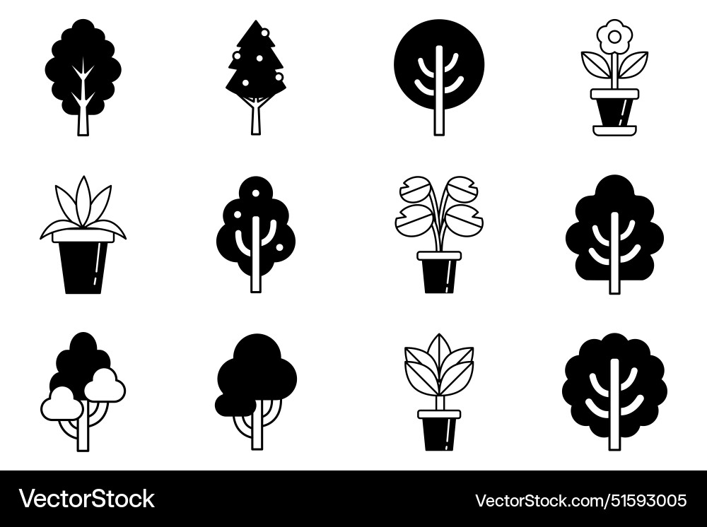 Flat icon of plants and trees set on background Flat icon of plants and trees set on background Vector Image