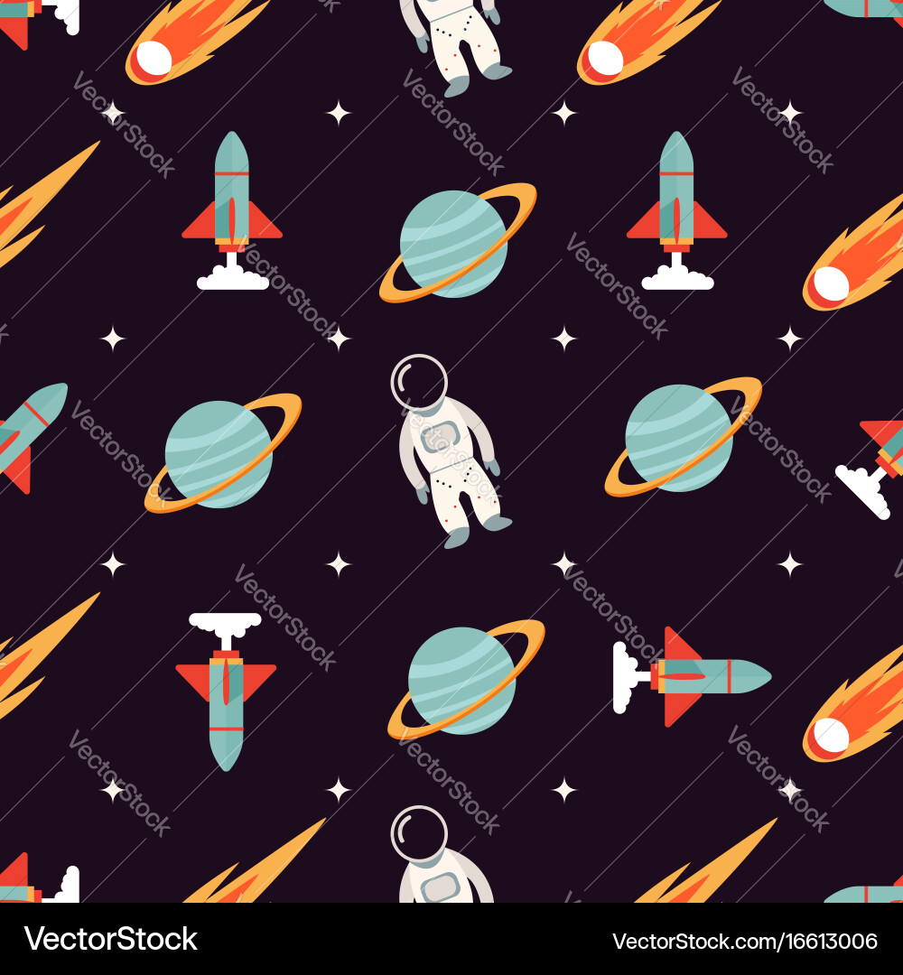 Cosmic pattern with spaceman rocket planet vector image