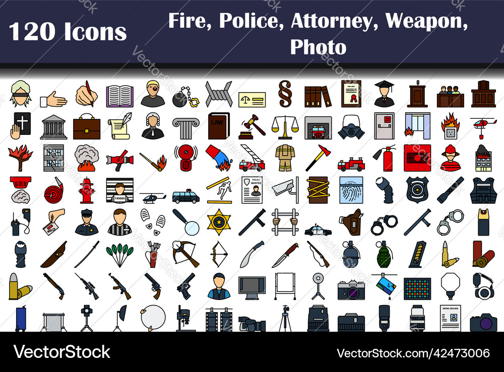 Set of 120 fire police attorney weapon photo icons Set of 120 fire police attorney weapon photo icons vector image