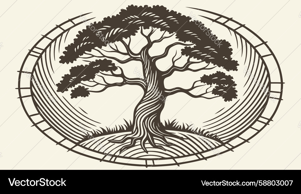 Ancient tree in circular frame with geometric Vector Image