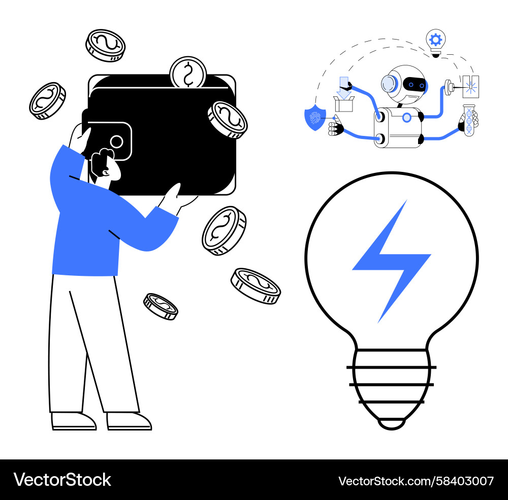 Finance & Automation - Robot & Coins Vector Image