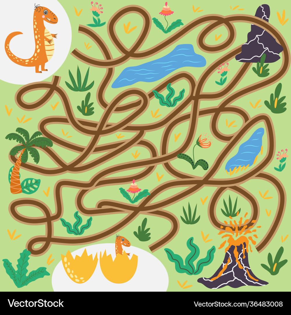 Help dinosaur find path to nest labyrinth maze Help dinosaur find path to nest labyrinth maze vector image