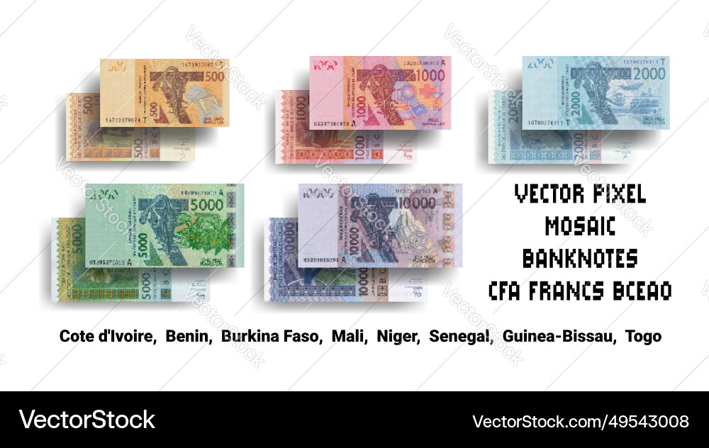 Set of pixel mosaic banknotes eight countries Set of pixel mosaic banknotes eight countries vector image
