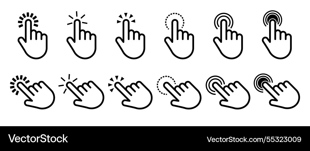 Cursor and pointer icon set with clickable hand Cursor and pointer icon set with clickable hand vector image