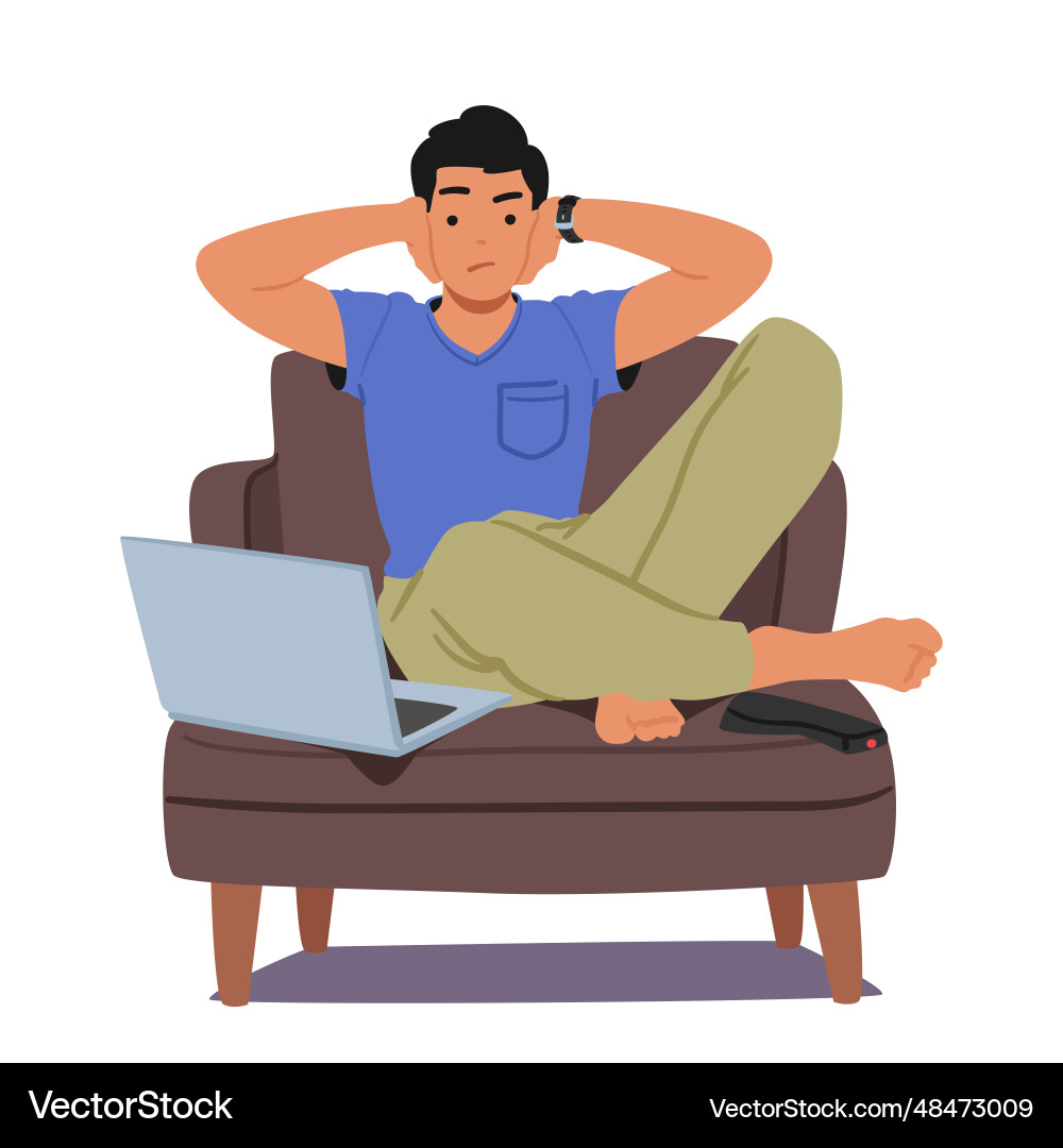 Man grimacing hands over ears laptop displaying Man grimacing hands over ears laptop displaying vector image