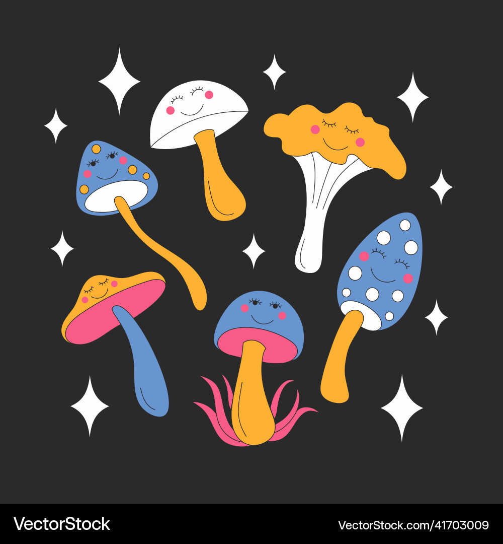 Retro mushromms and sparkles on dark background Retro mushromms and sparkles on dark background Vector Image