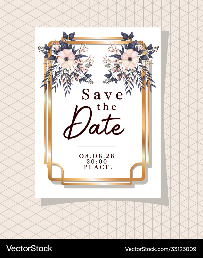 Save date text in gold frame with flowers Vector Image