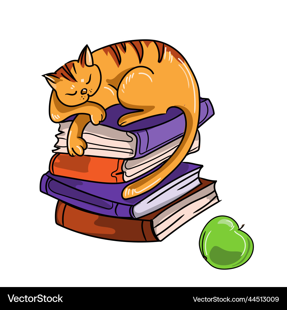 Stack of books with a sleeping red cat Vector Image