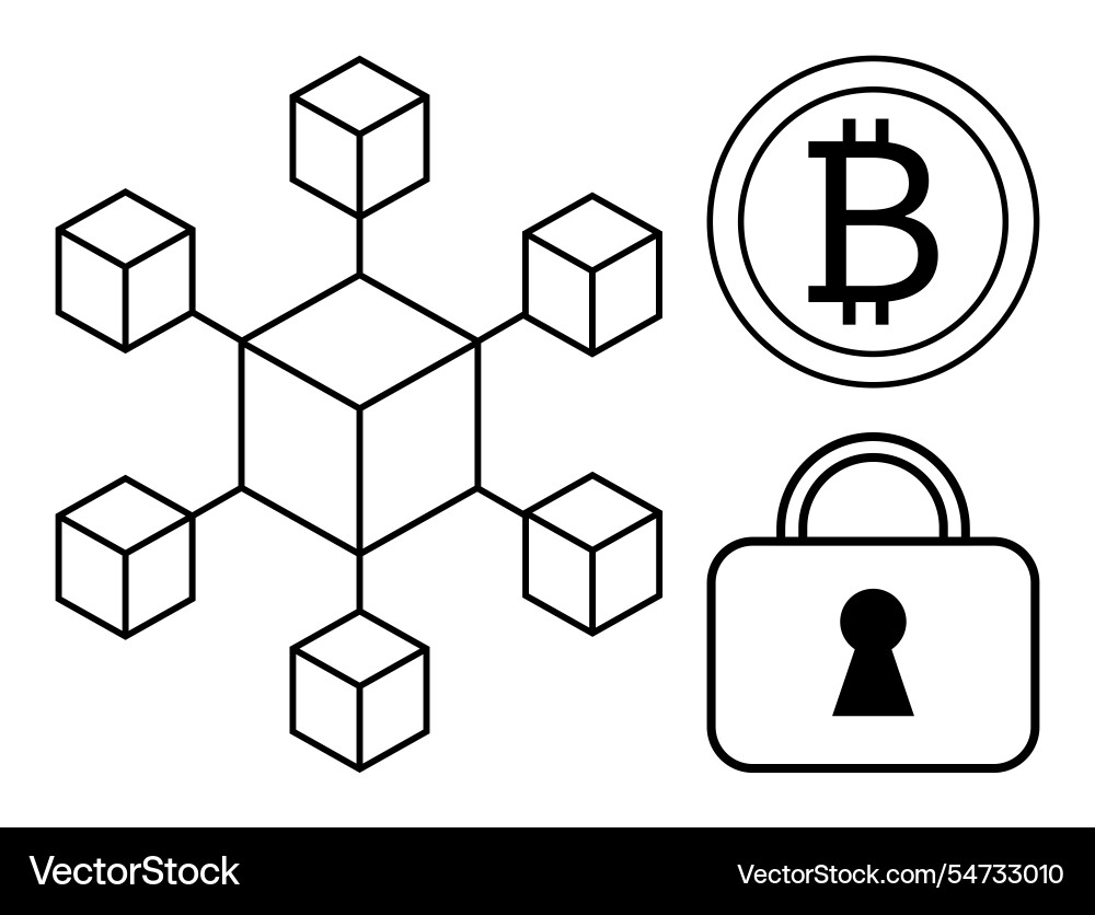 Blockchain network with bitcoin symbol and padlock Blockchain network with bitcoin symbol and padlock vector image
