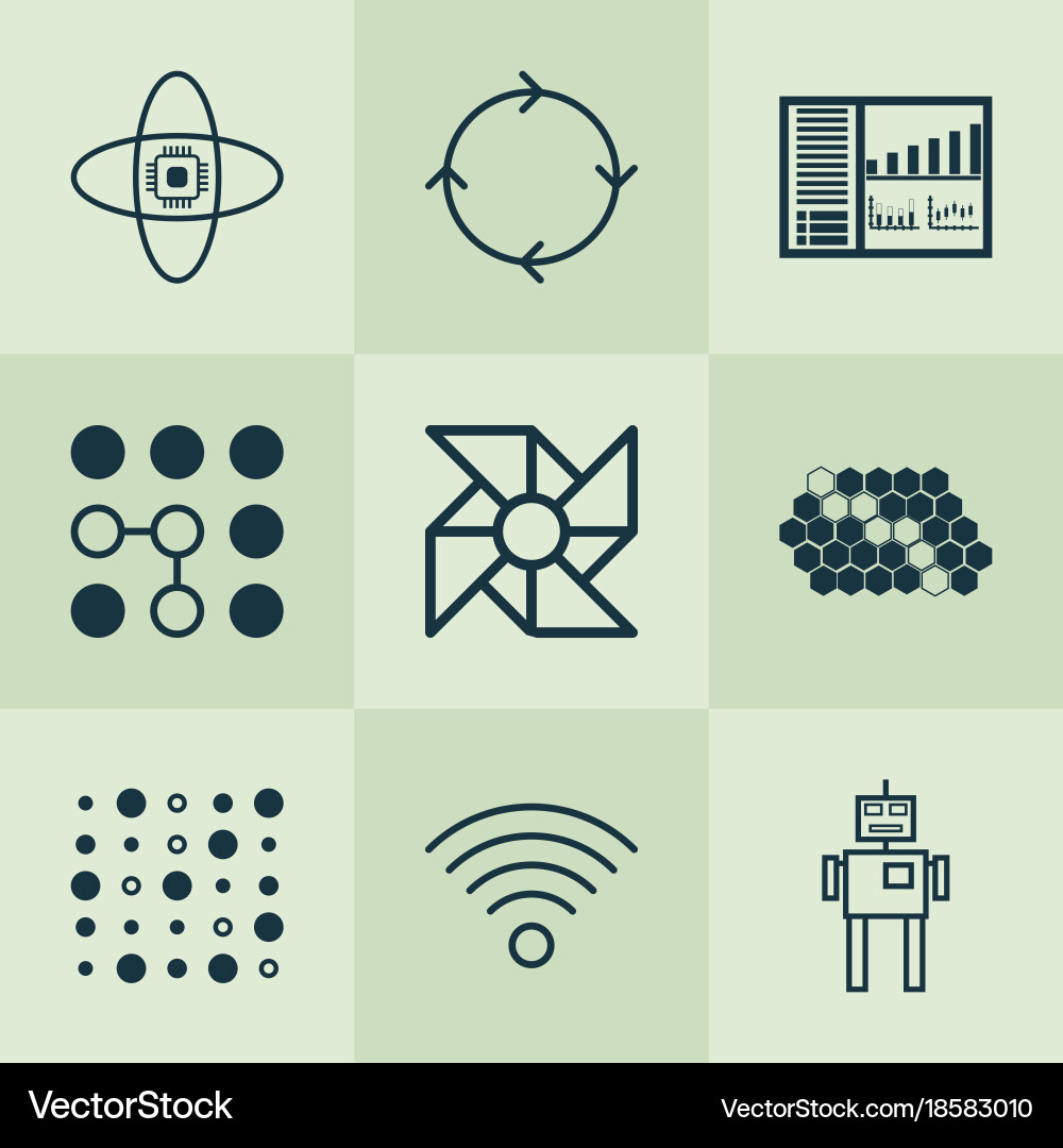 Machine icons set includes such as atomic vector image