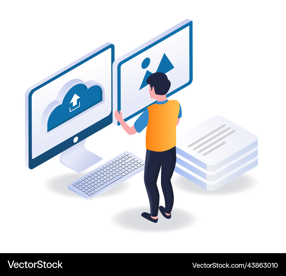 Man Upload von Dateien mit Computer Man Upload von Dateien mit Computer vektorbild