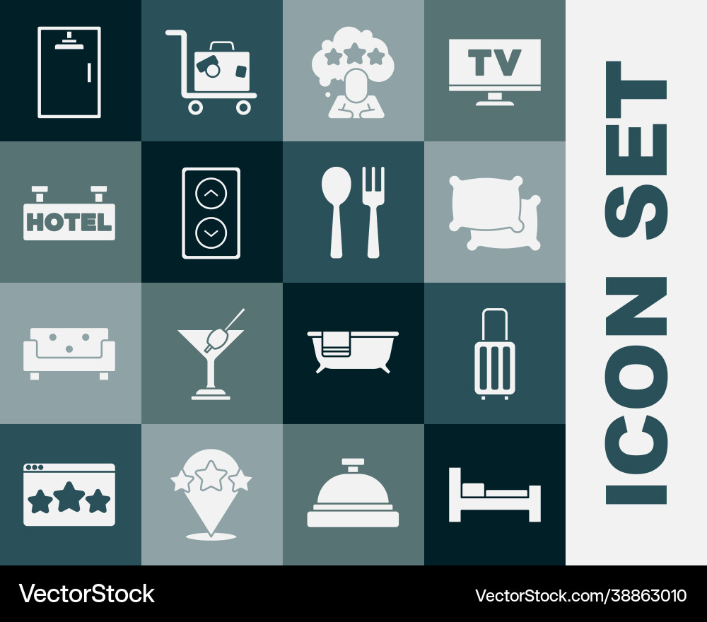 Set hotel room bed suitcase pillow five stars Set hotel room bed suitcase pillow five stars vector image