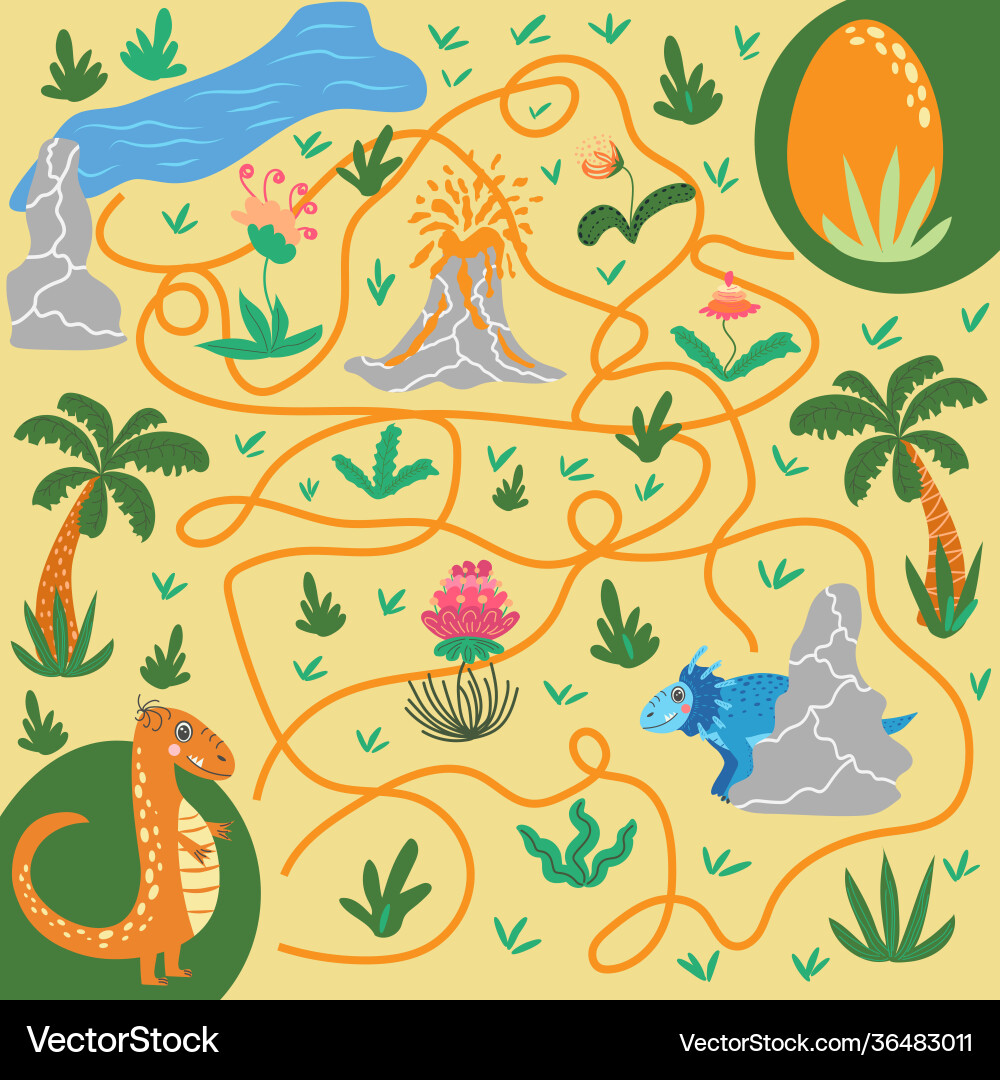 Help dinosaur find path to nest labyrinth maze Help dinosaur find path to nest labyrinth maze vector image