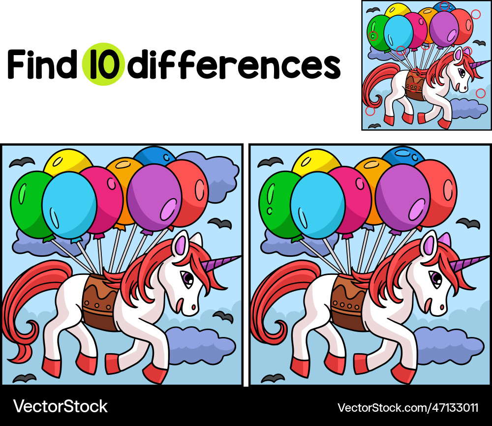 Unicorn floating on balloons find the differences Vector Image