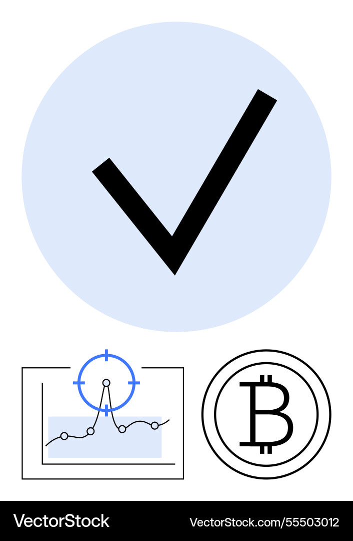 Black checkmark bitcoin symbol and analytics Black checkmark bitcoin symbol and analytics vector image