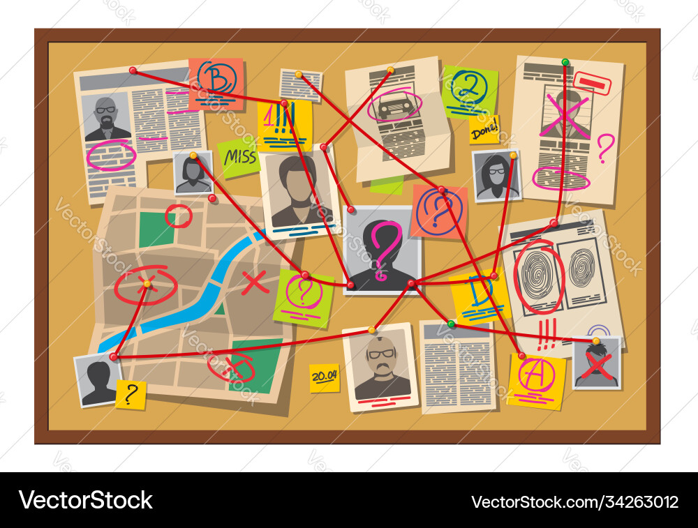 Crime board with pins evidence detective map Crime board with pins evidence detective map vector image