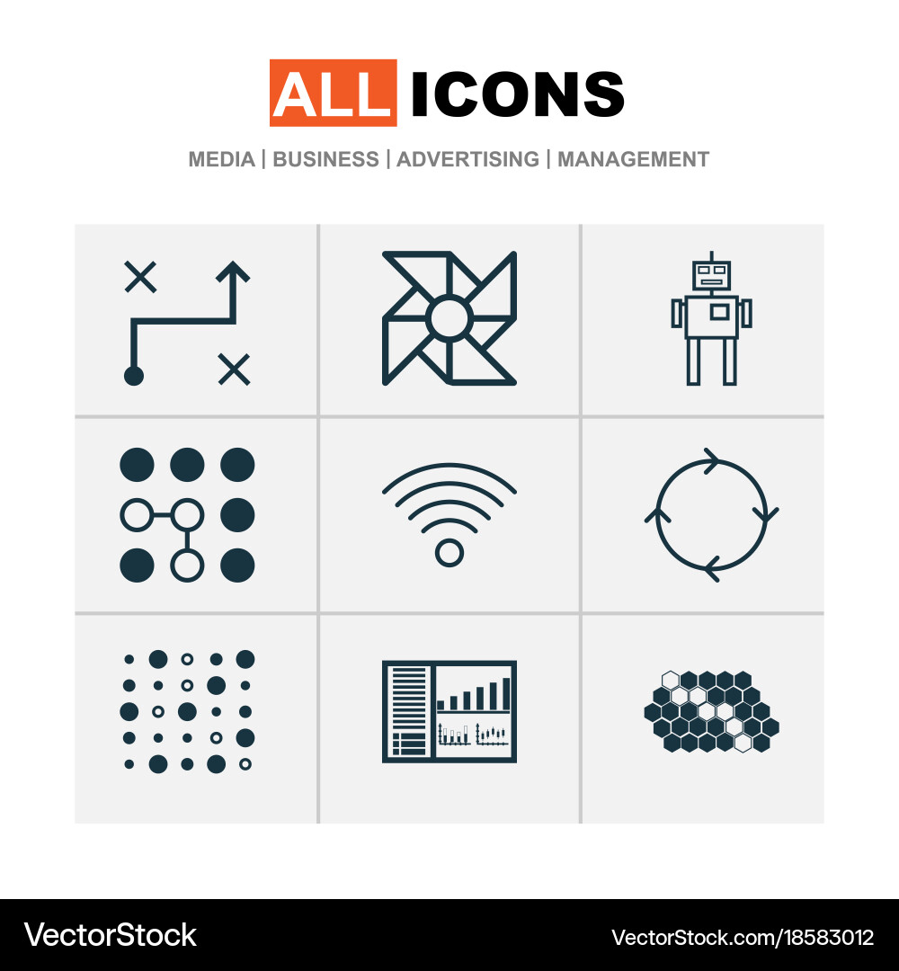 Robotics icons set includes such as laptop vector image